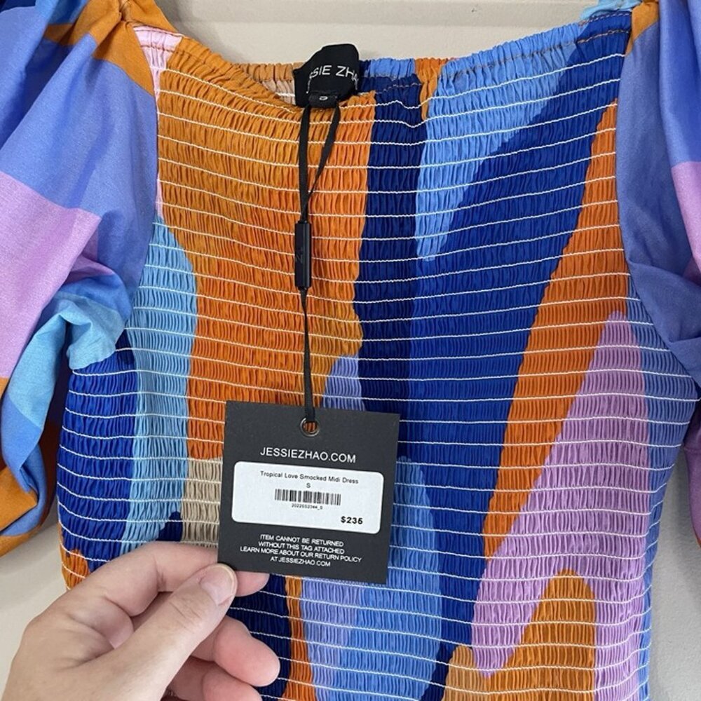 ❌SOLD❌NWT JESSIE ZHAO Tropical Love Smocked Midi Dress, Small - Picture 10 of 12